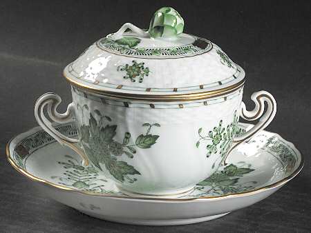 Indian Basket Green (FV) Cream Soup Bowl & Saucer Set with Lid