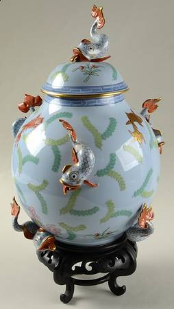 Poisson (PO) (Blue Background) Large Temple Jar & Lid with Wood Stand