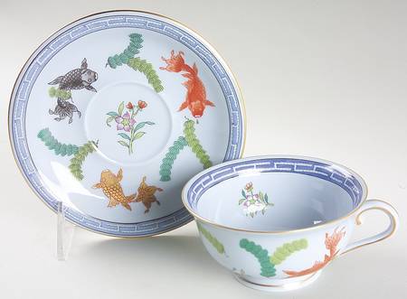 Poisson (PO) (Blue Background) Footed Cup & Saucer Set