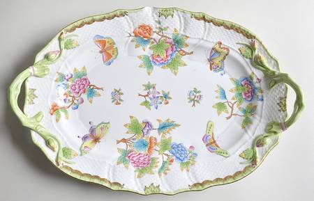 Queen Victoria (Green Border) 14" Oval Handled Platter