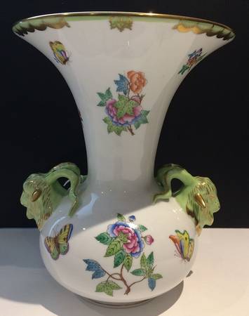 Queen Victoria (Green Border) 10" Vase with Ram's Head Handles