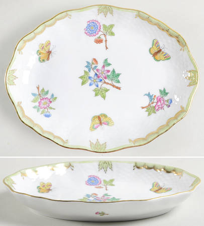 Queen Victoria (Green Border) 7" Oval Vegetable Bowl