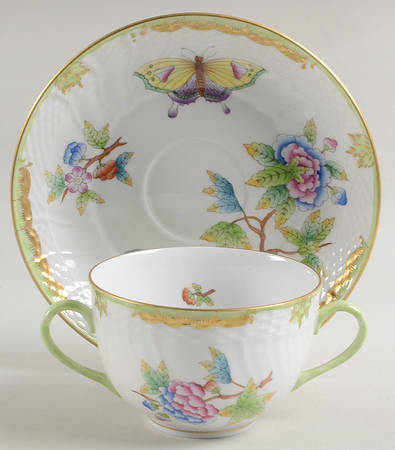 Queen Victoria (Green Border) Flat Bouillon Cup & Saucer