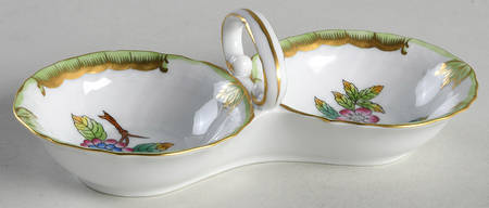 Queen Victoria (Green Border) Twin Salt Dips with Center Handle