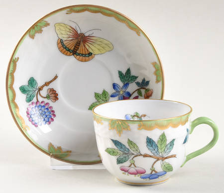 Queen Victoria (Green Border) Flat Demitasse Cup & Saucer Set