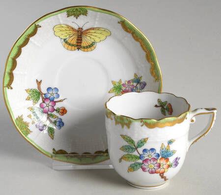 Queen Victoria (Green Border) Flat Demitasse Cup & Saucer Set