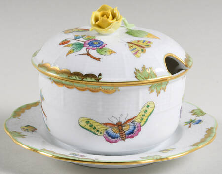 Queen Victoria (Green Border) Jam/Jelly & Lid w/Attached Underplate