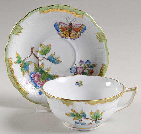 Queen Victoria (Green Border) Footed Cup & Saucer Set