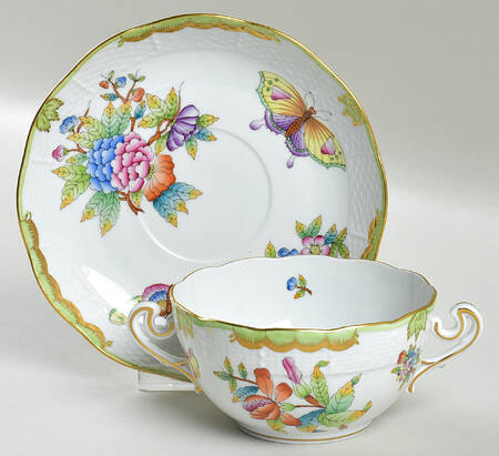 Queen Victoria (Green Border) Flat Cream Soup Bowl & Saucer Set