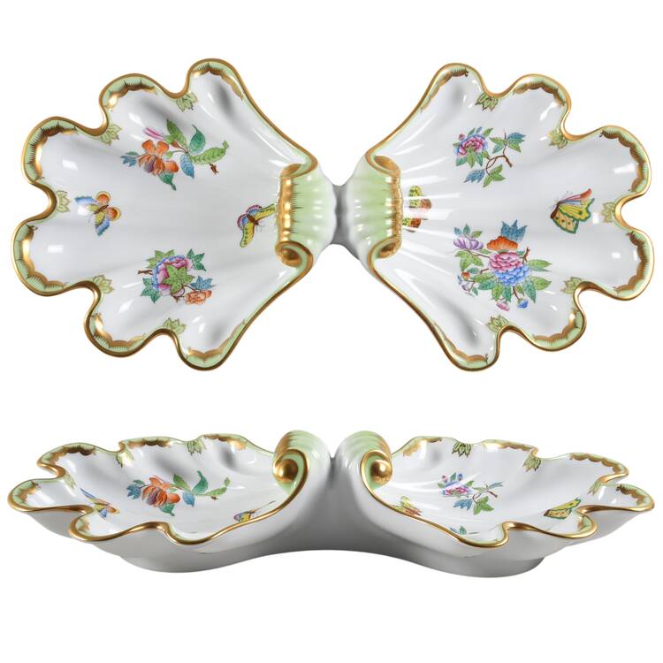 Queen Victoria (Green Border) 2 Part Shell Shaped Dish