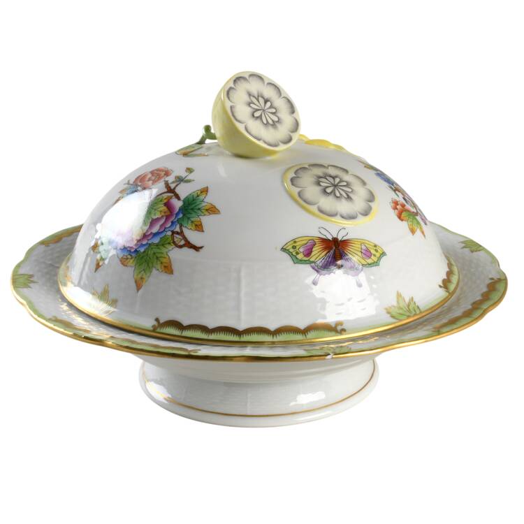 Queen Victoria (Green Border) Covered Footed Bowl