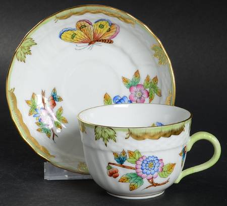 Queen Victoria (Green Border) Flat Demitasse Cup & Saucer Set