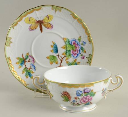 Queen Victoria (Green Border) Cream Soup Bowl & Saucer Set