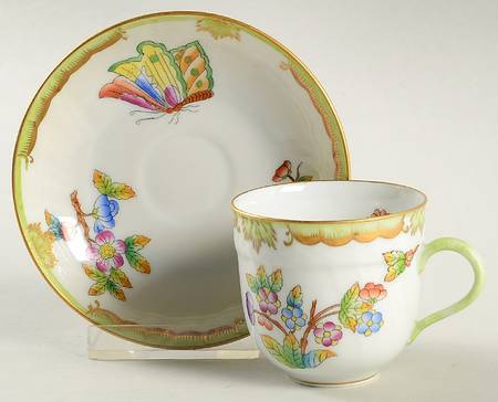 Queen Victoria (Green Border) Flat Demitasse Cup & Saucer Set