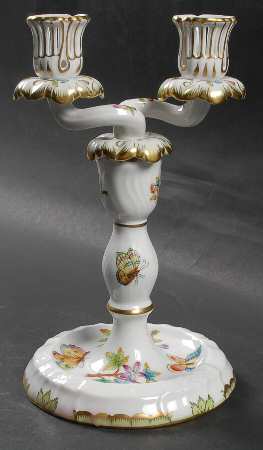 Queen Victoria (Green Border) 9" Double Light Candlestick W/Wire Hole