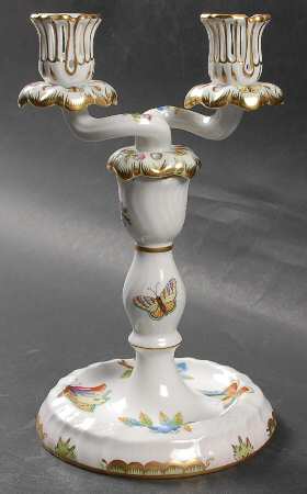 Queen Victoria (Green Border) 9" Double Light Candlestick