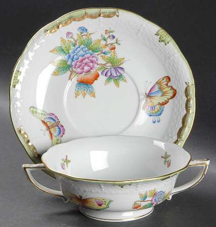 Queen Victoria (Green Border) Footed Cream Soup Bowl & Saucer Set