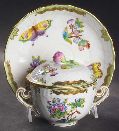 Queen Victoria (Green Border) Cream Soup Bowl & Saucer Set with Lid