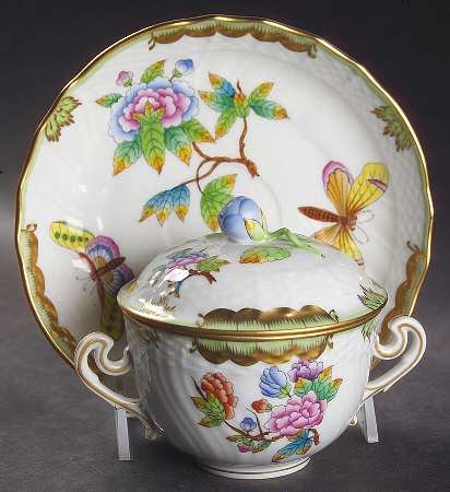 Queen Victoria (Green Border) Cream Soup Bowl & Saucer Set with Lid