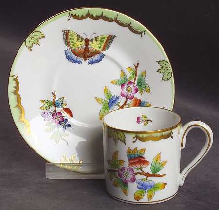 Queen Victoria (Green Border) Flat Demitasse Cup & Saucer Set