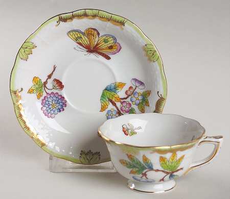 Queen Victoria (Green Border) Footed Demitasse Cup & Saucer Set