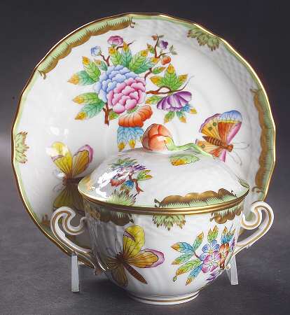 Queen Victoria (Green Border) Cream Soup Bowl & Saucer Set with Lid