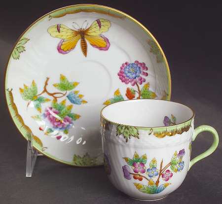 Queen Victoria (Green Border) Flat Demitasse Cup & Saucer Set