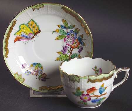 Queen Victoria (Green Border) Flat Demitasse Cup & Saucer Set