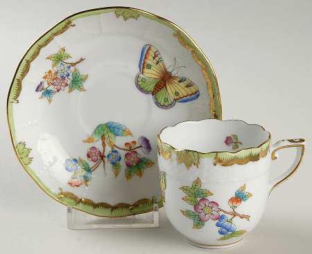 Queen Victoria (Green Border) Flat Demitasse Cup & Saucer Set