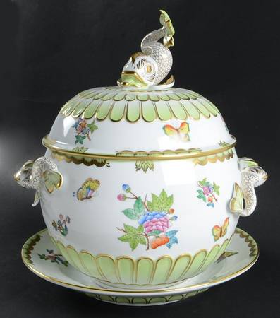 Queen Victoria (Green Border) 4 Qt Dolphin Tureen w/Lid & Underplate