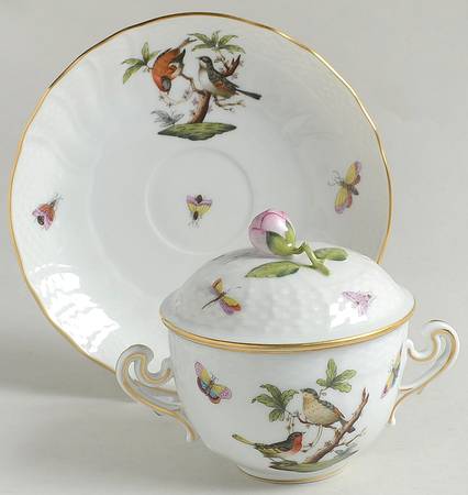Rothschild Bird (RO) Cream Soup Bowl & Saucer Set with Lid