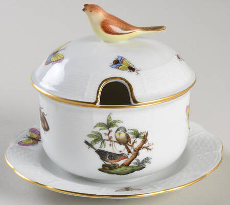 Rothschild Bird (RO) Jam/Jelly & Lid w/Attached Underplate by Herend