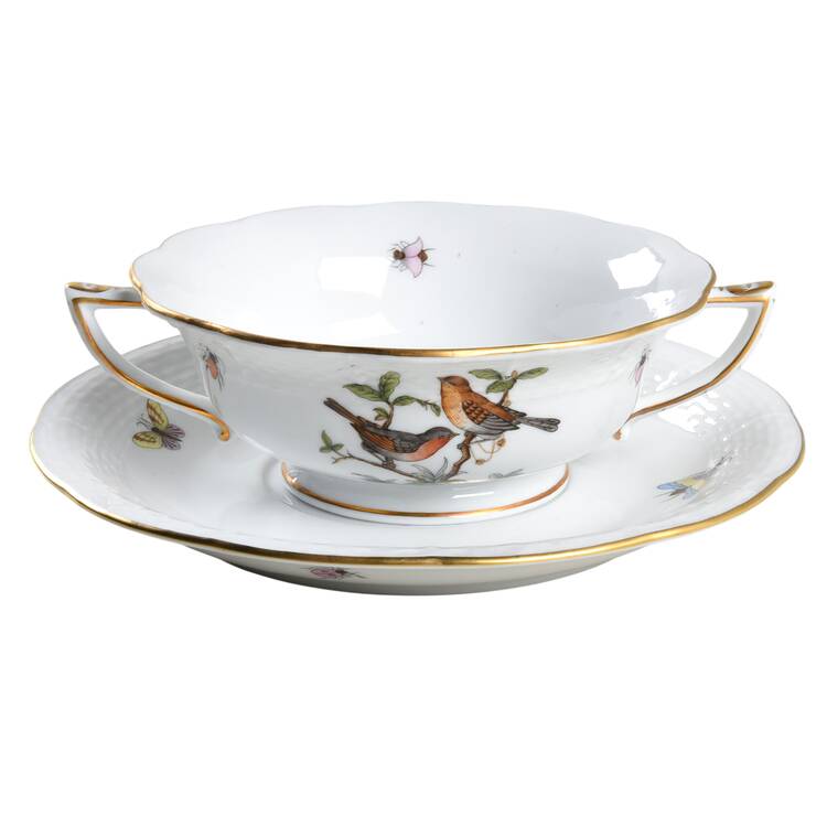 Rothschild Bird (RO) Footed Cream Soup Bowl & Saucer Set by Herend