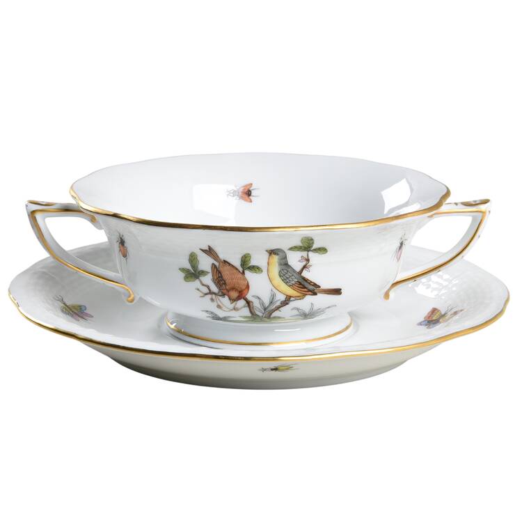 Rothschild Bird (RO) Footed Cream Soup Bowl & Saucer Set
