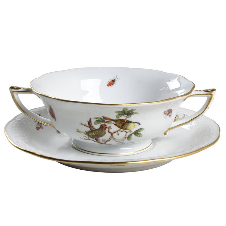 Rothschild Bird (RO) Footed Cream Soup Bowl & Saucer Set