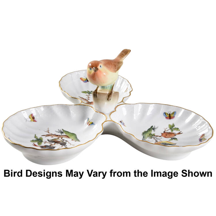 Rothschild Bird (RO) 3-Part Relish with Ceramic Bird Handle by Herend