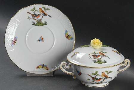 Rothschild Bird (RO) Cream Soup Bowl & Saucer Set with Lid