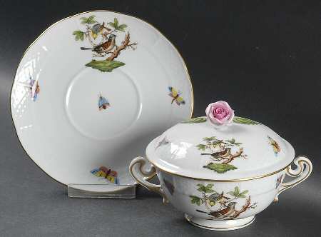 Rothschild Bird (RO) Cream Soup Bowl & Saucer Set with LId