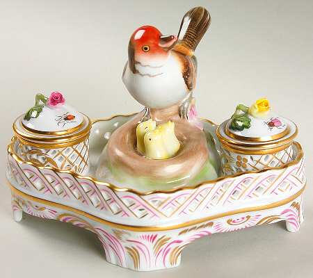Rothschild Bird (RO) Double Ink Stand w/2 Inserts & 2 Lids