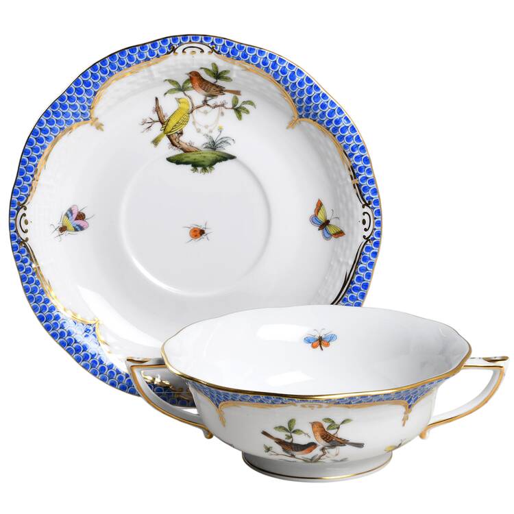Rothschild Bird Blue Border (ROE ROEB) Footed Cream Soup Bowl & Saucer Set by Herend