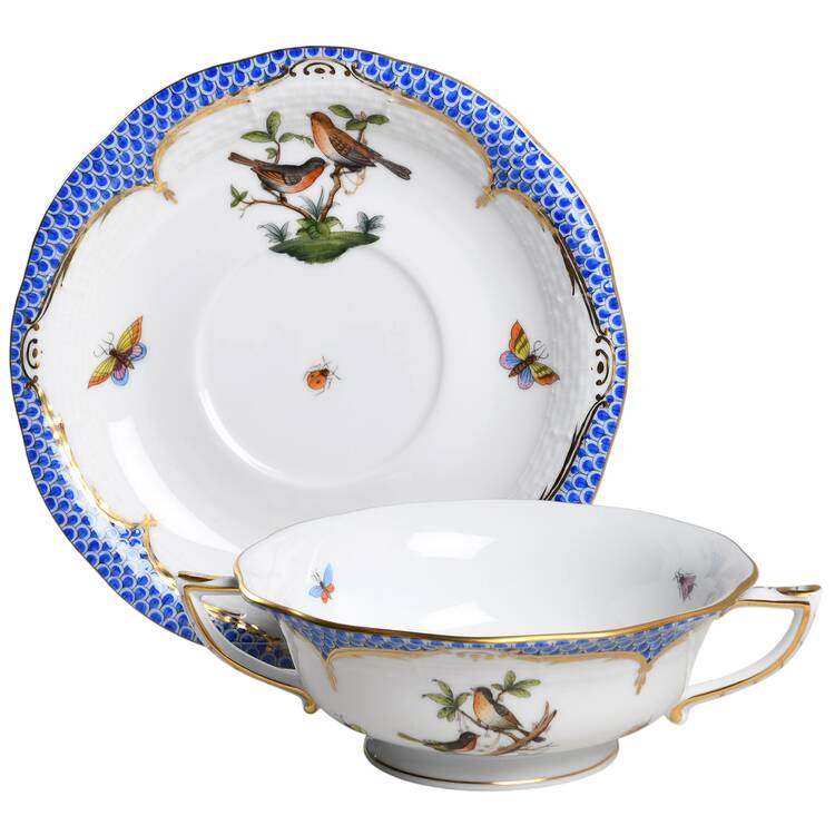 Rothschild Bird Blue Border (ROE ROEB) Footed Cream Soup Bowl & Saucer Set by Herend