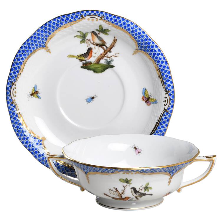 Rothschild Bird Blue Border (ROE ROEB) Footed Cream Soup Bowl & Saucer Set by Herend