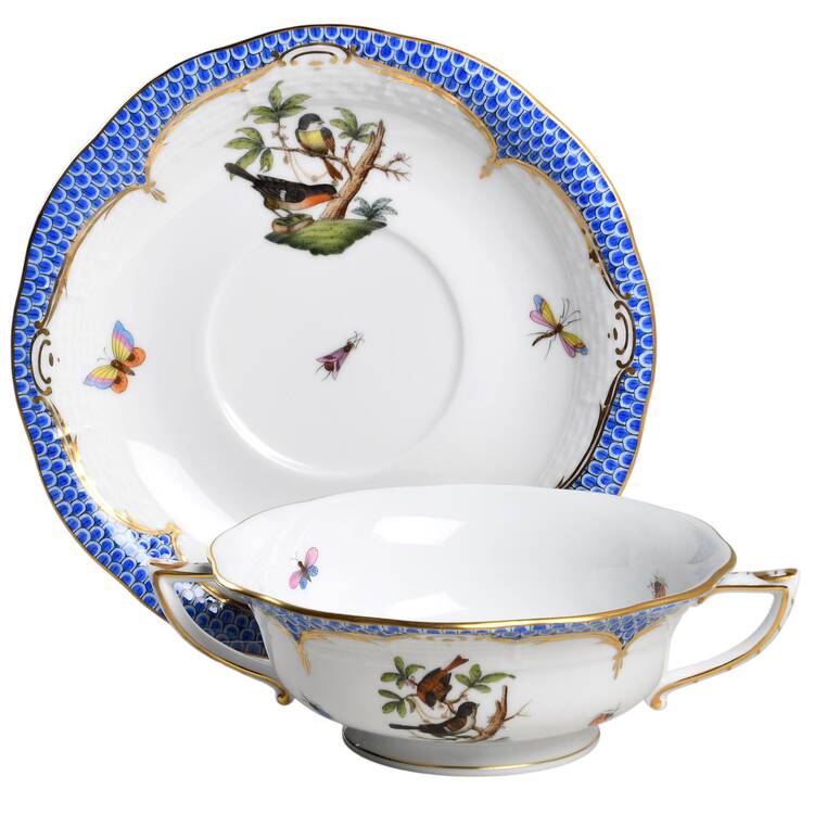 Rothschild Bird Blue Border (ROE ROEB) Footed Cream Soup Bowl & Saucer Set by Herend