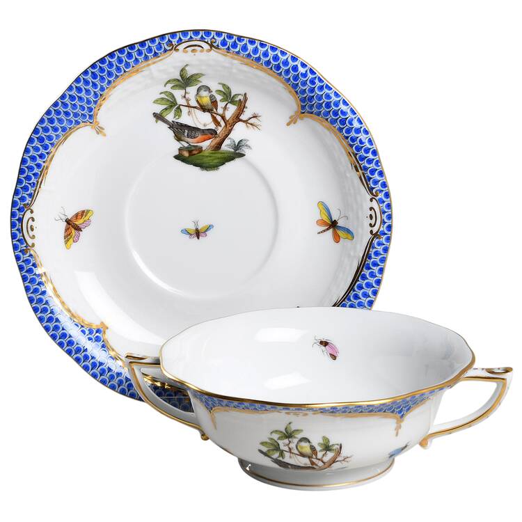 Rothschild Bird Blue Border (ROE ROEB) Footed Cream Soup Bowl & Saucer Set by Herend