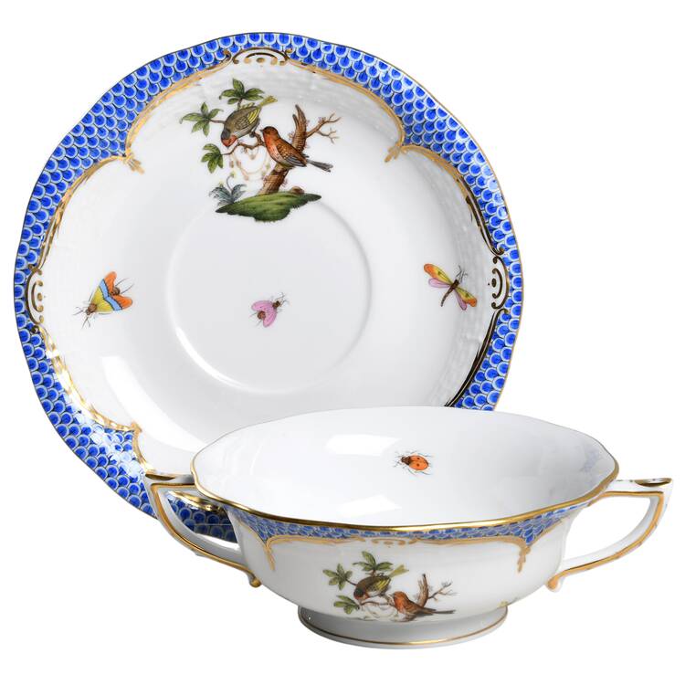 Rothschild Bird Blue Border (ROE ROEB) Footed Cream Soup Bowl & Saucer Set by Herend