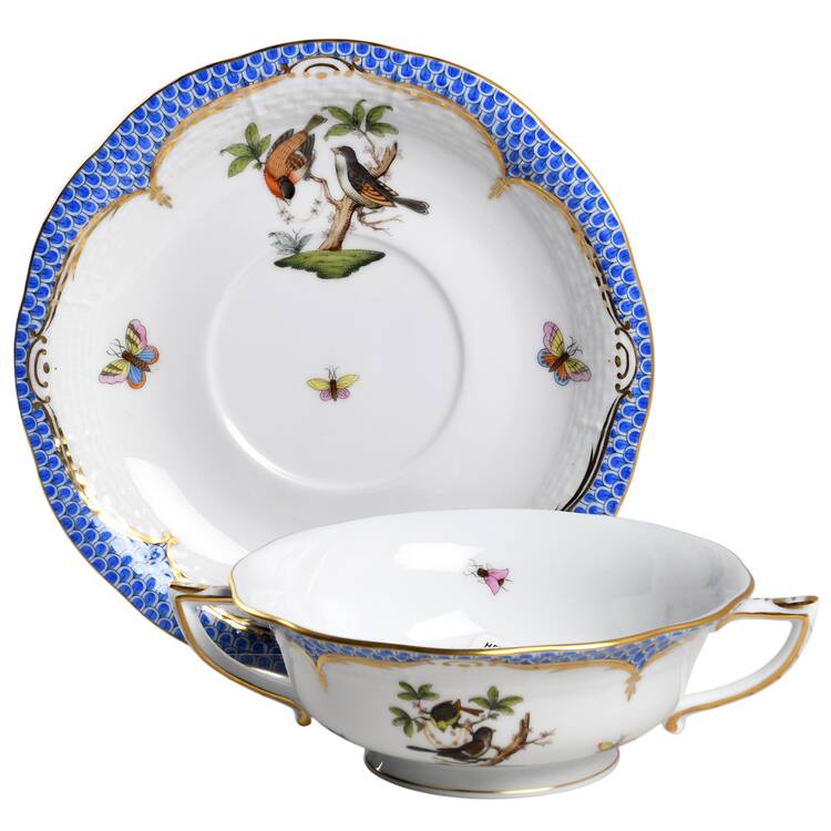Rothschild Bird Blue Border (ROE ROEB) Footed Cream Soup Bowl & Saucer Set by Herend