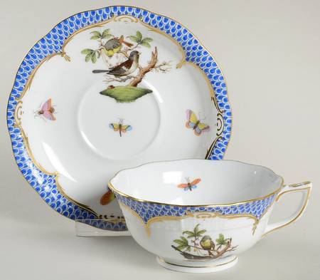 Rothschild Bird Blue Border (ROE ROEB) Footed Cup & Saucer Set by Herend