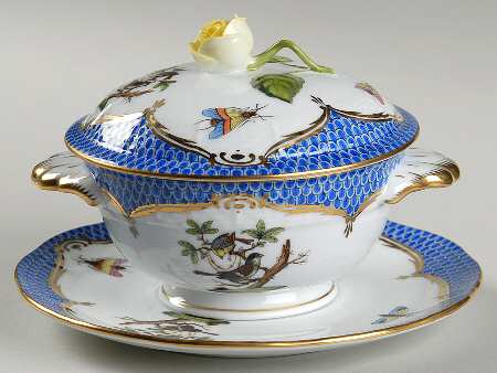 Rothschild Bird Blue Border (ROE ROEB) Cream Soup Bowl & Saucer Set with Lid