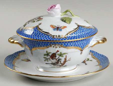 Rothschild Bird Blue Border (ROE ROEB) Cream Soup Bowl & Saucer Set with Lid