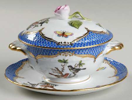 Rothschild Bird Blue Border (ROE ROEB) Cream Soup Bowl & Saucer Set with Lid